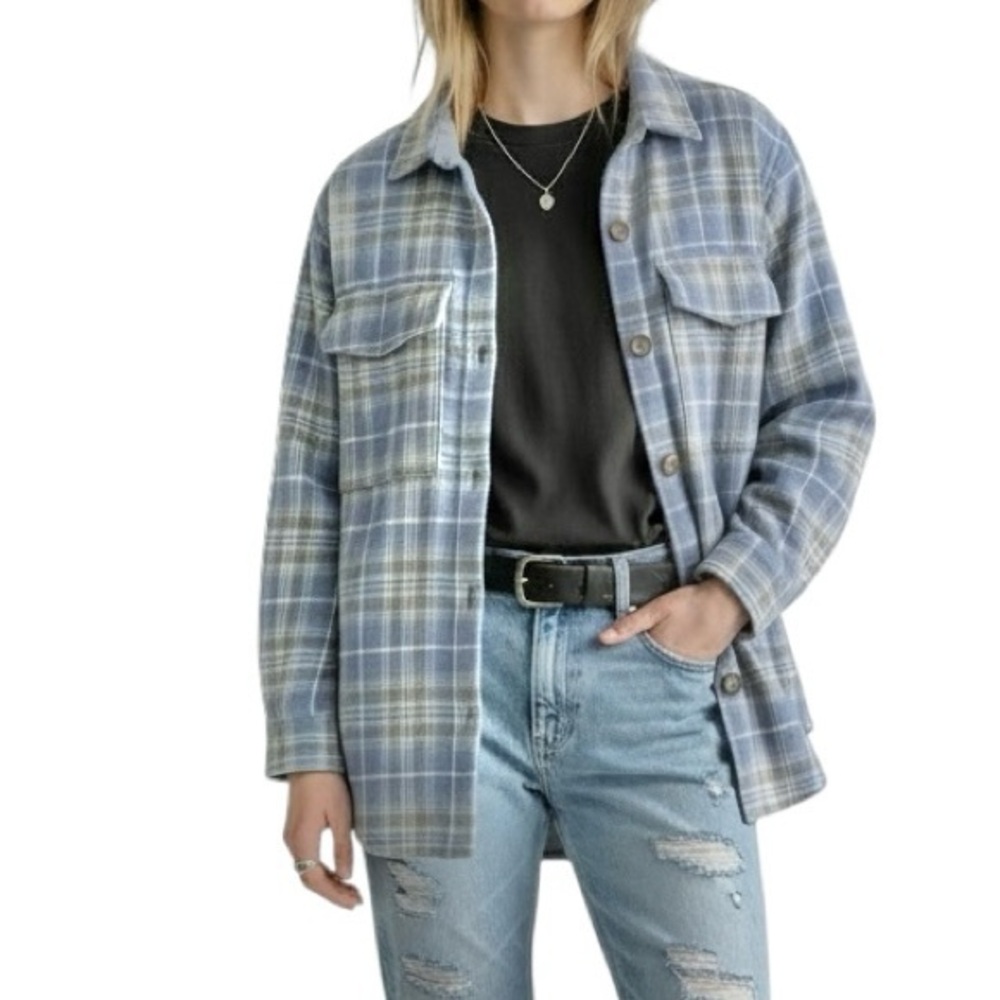 4/$20 Beachlunchlounge Plaid Flannel Overshirt Blue Gray Button Front Medium